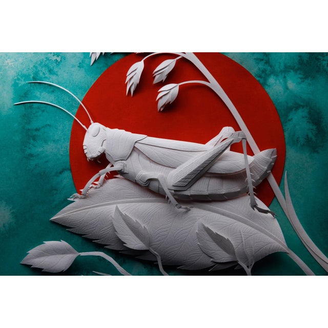 Caelifera by Marisa Aragón Ware | Hand-cut paper sculpture and watercolor of a grasshopper on leaves For Sale