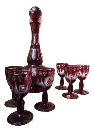Ruby Red Crystal Decanter and Glasses, Set of 7