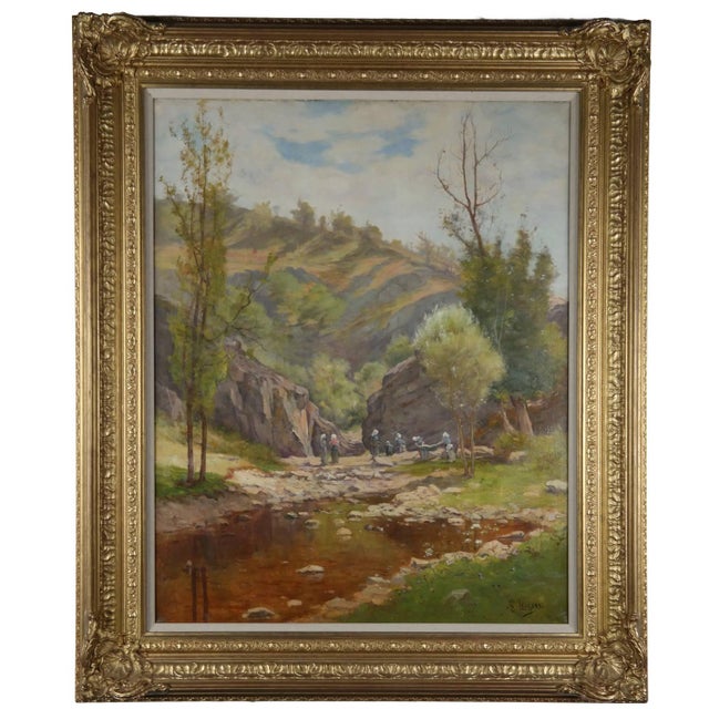 A Nineteenth Century oil on canvas of a rocky landscape with women folding linens beside the river's edge. Signed; A. B....