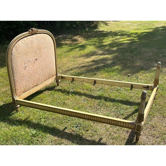 Antique French Carved Wood and Upholstered Headboard and Bed Frame For Sale - Image 4 of 18