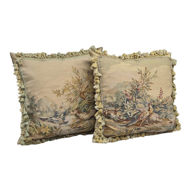 Pair of Antique French Hunt Scene Tapestry Panels Remade Into Down Pillows For Sale
