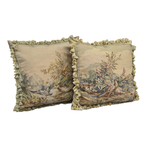 Pair of Antique French Hunt Scene Tapestry Panels Remade Into Down Pillows