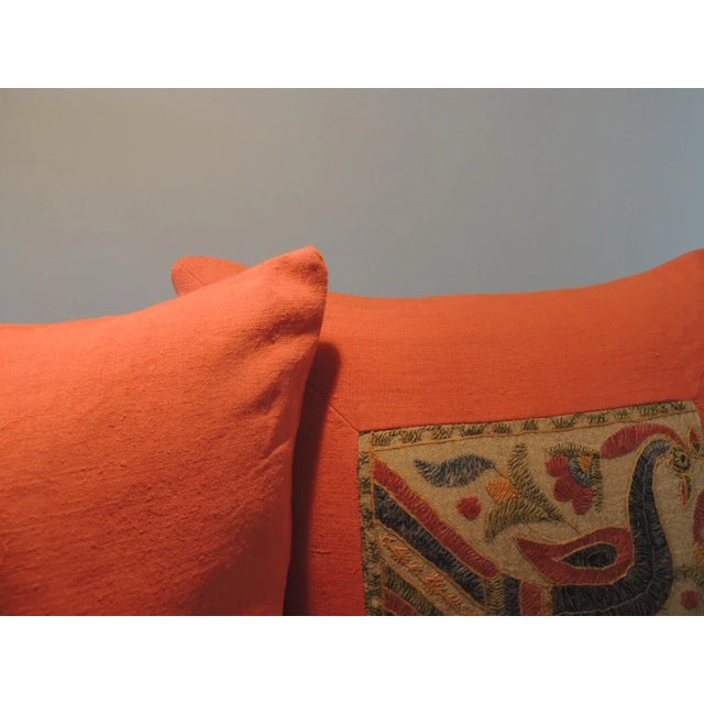 1960s Vintage Bright Orange Indian Suzani Square Decorative Pillows - Set of 2 For Sale - Image 5 of 6