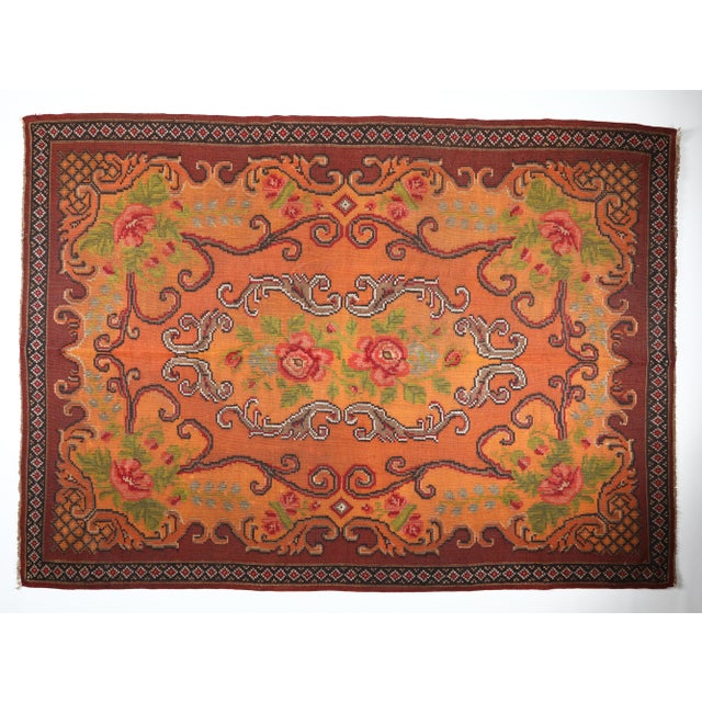 Handwoven Vintage Moldovan Kilim with Floral Medallions in Warm Terracotta & Rose This beautiful handwoven vintage...
