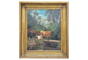 Antique "Cattle at the River Crossing" Painting