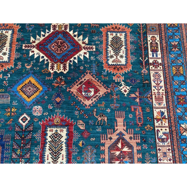 Vintage Teal Wool Kazak-Style Tribal Rug 9 X 13 For Sale - Image 9 of 17