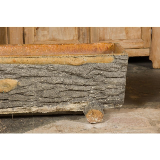 Rustic Pair of Faux Bois Midcentury Trough Shaped Concrete Planters, circa 1930 For Sale - Image 10 of 12