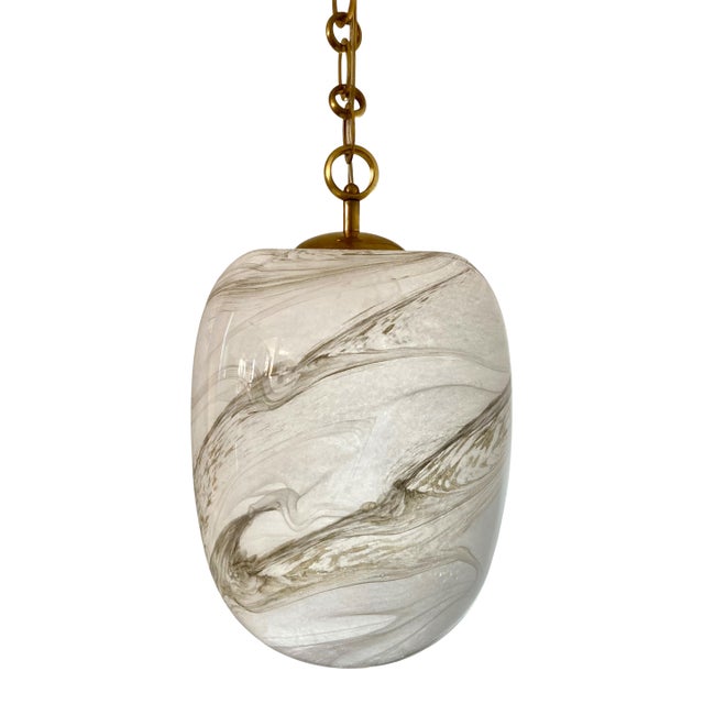 Italian Handblown Faux Alabaster Glass Pendant With Brass Chain and Fittings For Sale