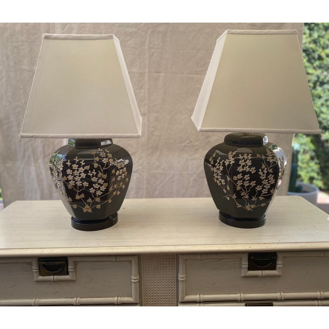 Mid 20th Century Cocoa Ginger Jar Lamps With Raised Floral Relief and Shades - a Pair For Sale - Image 5 of 13
