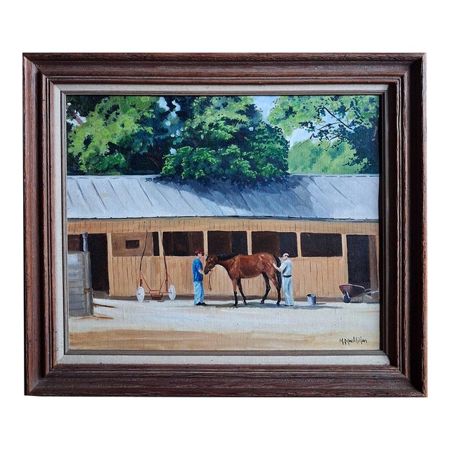 Vintage Equestrian Stable Scene Oil Painting by M. MacMillan For Sale