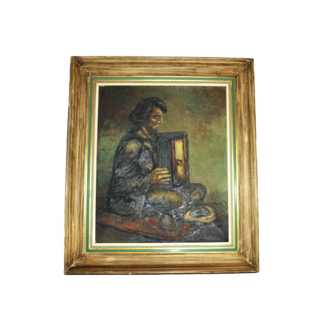 European Artist, Street Musician with Accordion, 1969, Oil on Canvas, Framed For Sale - Image 10 of 10