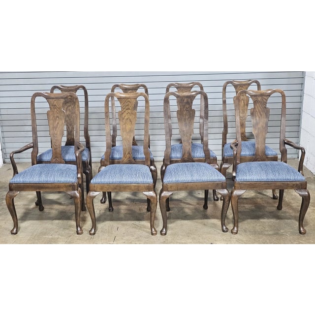Baker Furniture Company Late 20th Century Set of 8 Baker Furniture Solid Oak Queen Anne Style Dining Room Chairs For Sale - Image 4 of 14