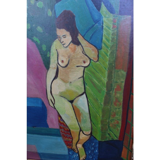 Teal 1960s Nude Portrait Oil Painting For Sale - Image 8 of 8