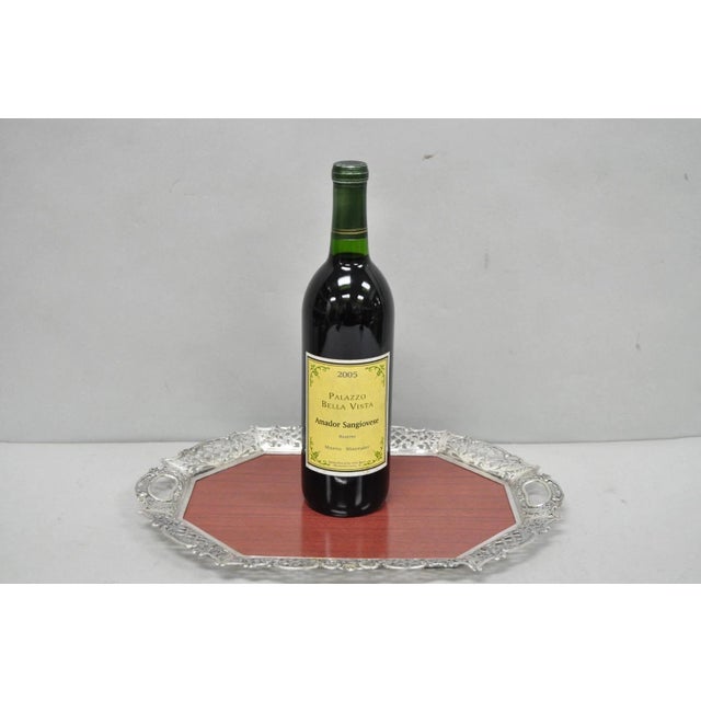 Vintage Victorian Style Melamine & Silver Plated Faux Wood Bar Liquor Serving Tray. Circa Mid 20th Century. Measurements:...
