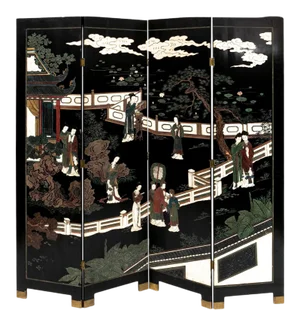 Early 20th Century Chinese Four-Panel Lacquered and Painted Screen