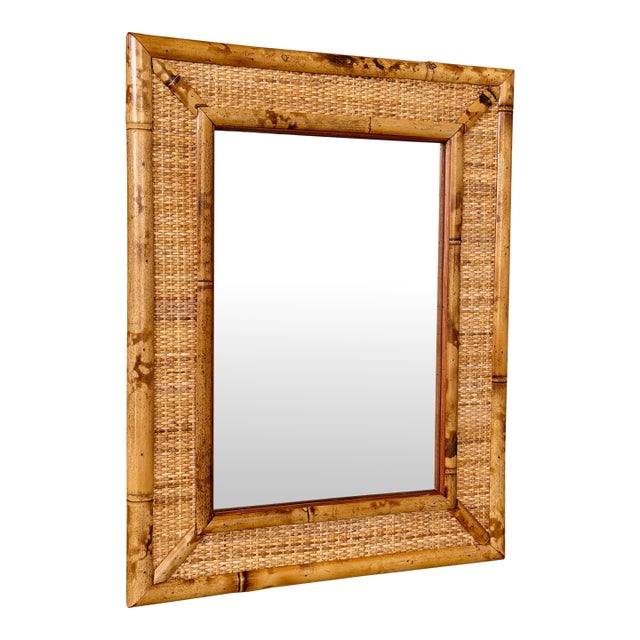 Vintage Coastal Tortoise Bamboo & Woven Rattan Wall Mirror For Sale