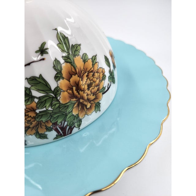 Exquisite Three-Piece Bone China Serving Set With Covered Dome Turquoise Border & Peony Motif For Sale - Image 9 of 13