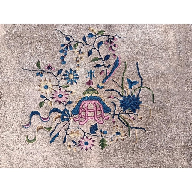 Textile 1920s Taupe Field Modernist Floral Antique Chinese Art Deco Room Size Wool Rug For Sale - Image 7 of 10