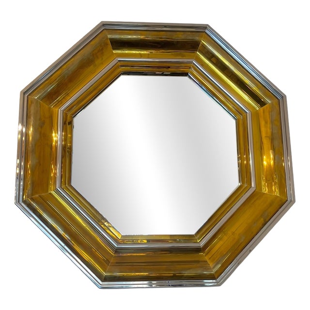 Monumental Octagonal Mirror in Chromed Steel and Brass attributed to Sandro Petti for Maison Jansen, Italy, 1970 For Sale