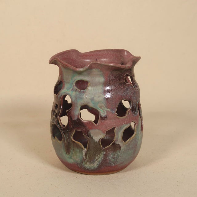 Vintage Sculptural Studio Pottery Pierced Ceramic Vessel Candle Holder With Organic Drip Glaze For Sale - Image 4 of 18