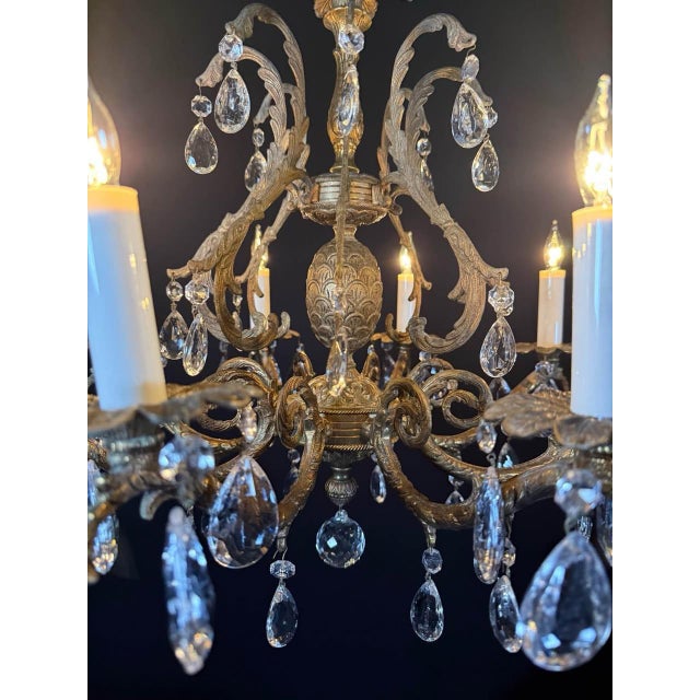 Vintage Chandelier- Vintage Spanish Brass Chandelier With 8 Lights & Faceted Crystal For Sale In Chicago - Image 6 of 8