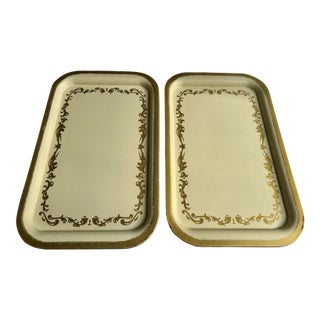 Pair of Yellow Enameled Trays With Gold Scroll Design, 1950's For Sale