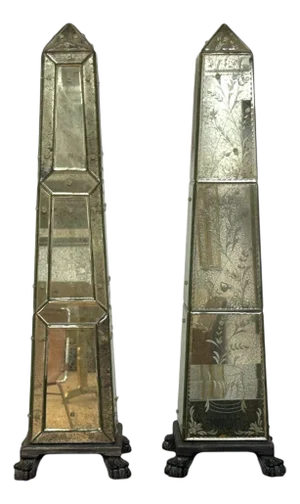 1970s Venetian Etched Glass Panels Distressed Mirror Obelisks- Set of 2