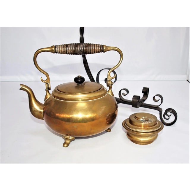 Antique Art Nouveau Brass Tea Kettle and Burner on Iron Stand For Sale - Image 4 of 8