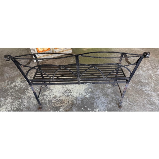 Vintage Regency-Style Reeded Wrought-Iron Garden Bench With Paw Feet For Sale - Image 4 of 12