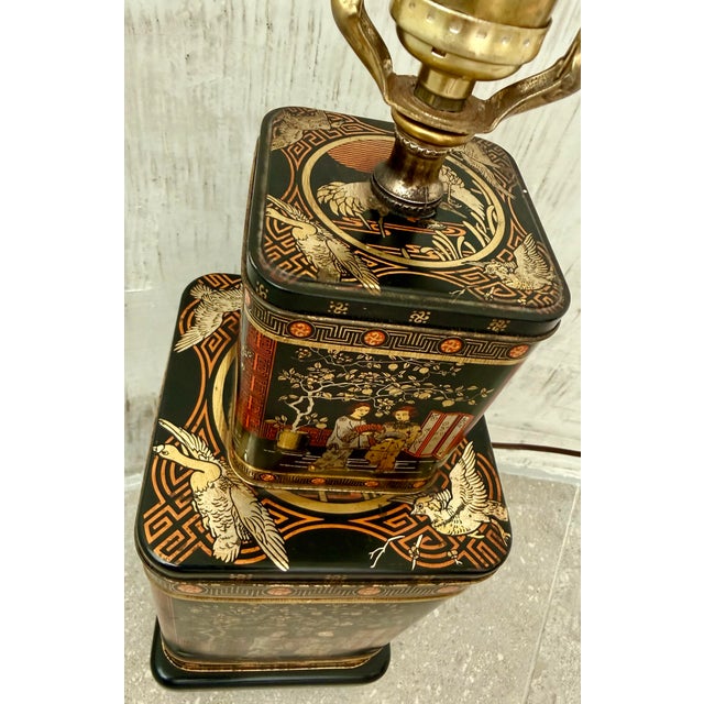 Wood Vintage Mid-Century ‘Frederick Cooper Style’ Tole Painted Stacked British Tea Canisters Table Lamp For Sale - Image 7 of 12