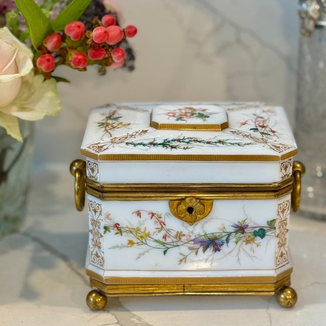 Vintage or Antique Possibly 19th Century White Opaline Glass Jewelry Casket Box Hand Painted Floral Decor & Gilt Bronze 6.25"x4.75"x5.25"h For Sale - Image 11 of 18