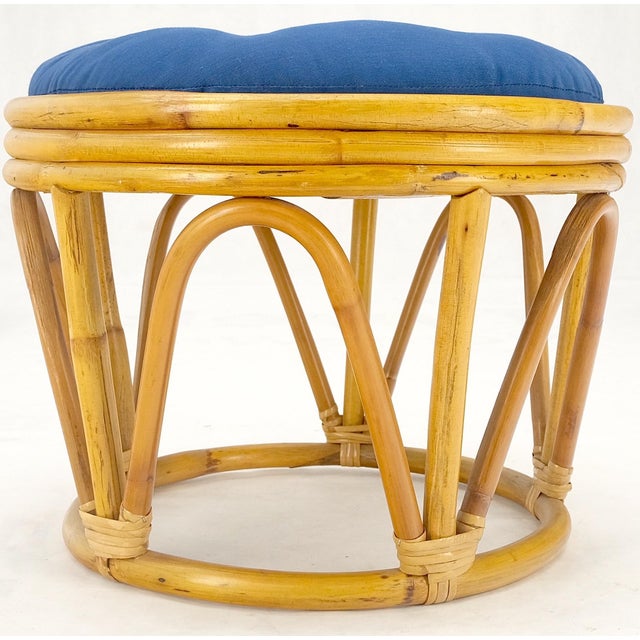 Round Mid Century Modern Blue Upholstery Ottoman Foot Stool Bench Pouf MINT! For Sale - Image 6 of 9