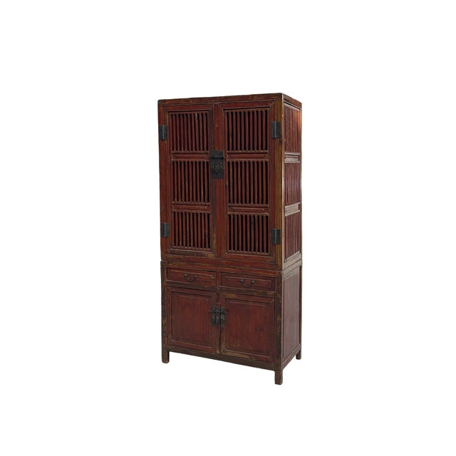 Asian Antique Vintage Brown Oriental Open Bars Doors Display Curio Cabinet Bookcase For Sale - Image 3 of 9