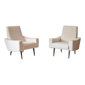Mid Century Modern Bouclé French Club Lounge Chairs by Beka, 1950's