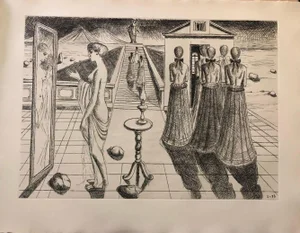 Paul Delvaux, Construction d'un Temple en Ruine, Plate No. 11, Etching, 1973