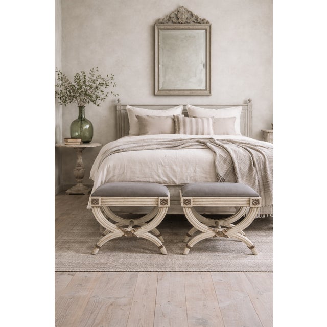 Neo-Classical Gustavian Style Painted Curule Stools / Ottomans in Velvet - Pair For Sale - Image 9 of 9