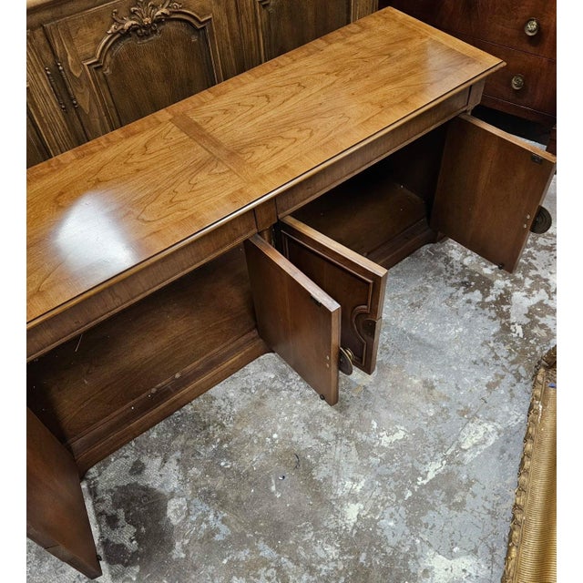 Hollywood Regency Mid 20th Century Furniture Regency Revival Low Four-Door Credenza With Figured Wood Veneer and Brass Pulls For Sale - Image 3 of 9