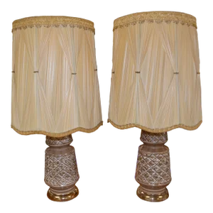 Pair Mid-Century Gold / Brown Ceramic Table Lamps With Yellow Pinch Pleated Drum Shades