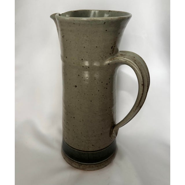 Contemporary Vintage Signed Studio Pottery Pitcher in Speckled Sage Green With Cobalt Blue Band For Sale - Image 3 of 9