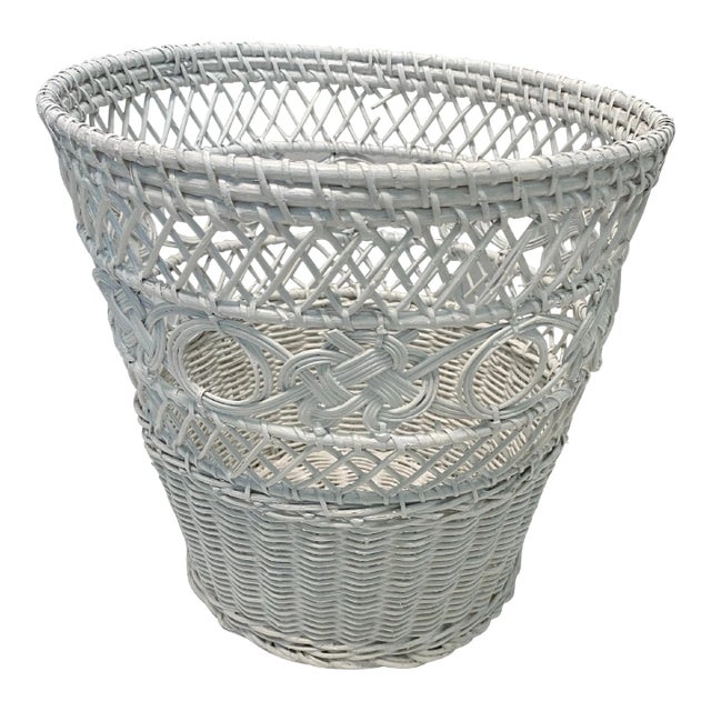 1960s White Wicker Wastebasket, Cottage Bathroom Basket For Sale