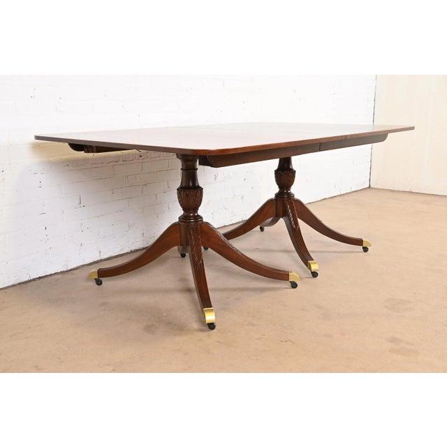 Wood Baker Furniture Georgian Banded Mahogany Double Pedestal Extension Dining Table, Newly Refinished For Sale - Image 7 of 12