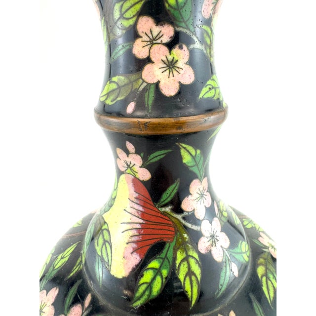 Vintage Cloisonné Floral Vase With Black Ground and Cherry Blossom Motif For Sale - Image 10 of 14