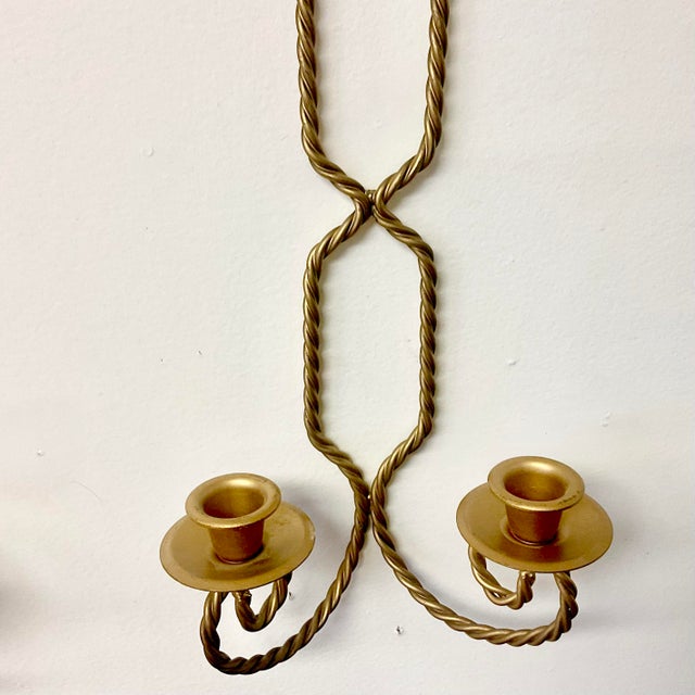 Bronze 1970s Vintage French Hollywood Regency Twisted Rope Candle Holder Sconces, 2 Arm - A Pair For Sale - Image 8 of 12