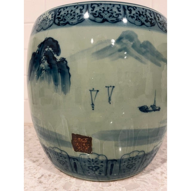 Japanese Antique Japanese Blue and White (Sometsuke) Porcelain Hibachi With Applied Inscription For Sale - Image 3 of 18