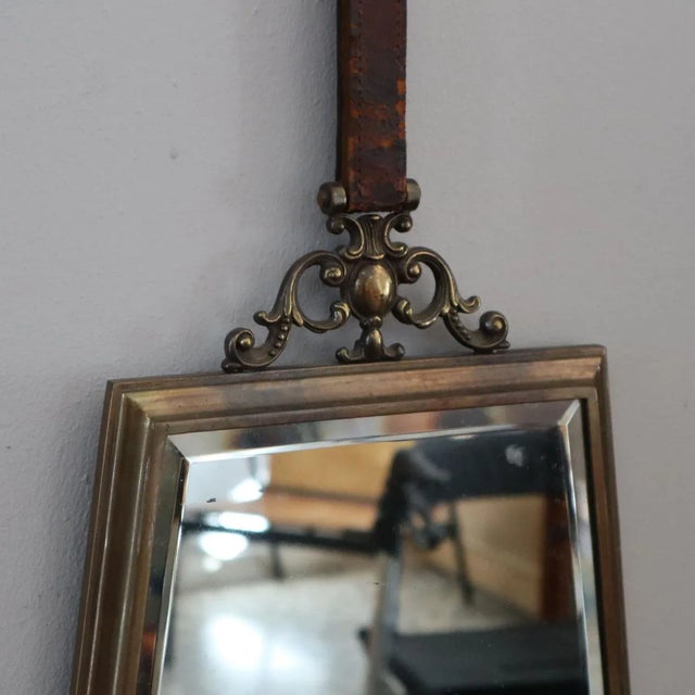 Metal Vintage Italian Brass Mirror with Leather Rope, 1950s For Sale - Image 7 of 8
