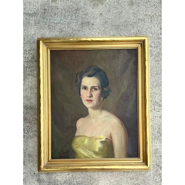 Vintage Oil Portrait of Woman in Gold Dress For Sale - Image 10 of 18