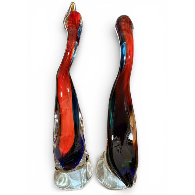 Murano Pair of Hand-Blown Cased Art Glass Swan Sculptures, Murano-Style Mid-Century Modern, 15” For Sale - Image 4 of 12