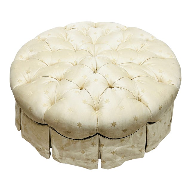 Vintage Silk Tufted Button Top Circular Ottoman For Sale