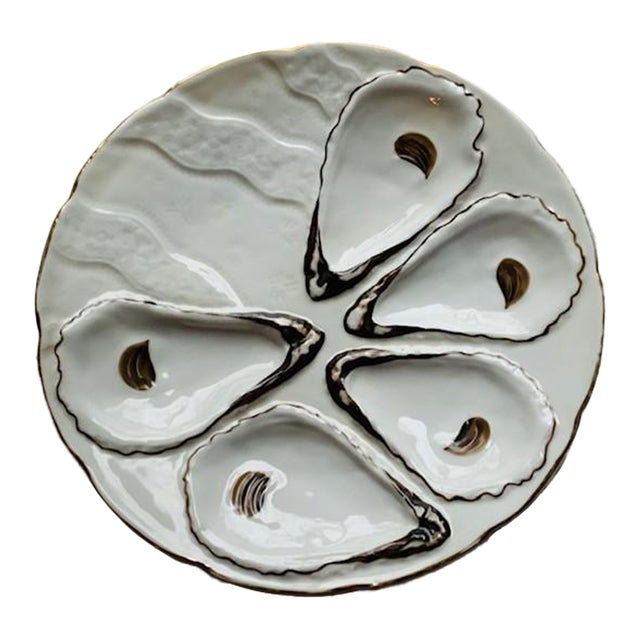Exquisite 19th Century French Porcelain Oyster Plate - Hand-Painted With Gilt Trim For Sale