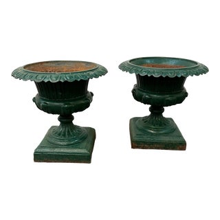 1940’s Pair of Green Cast Iron Planters For Sale